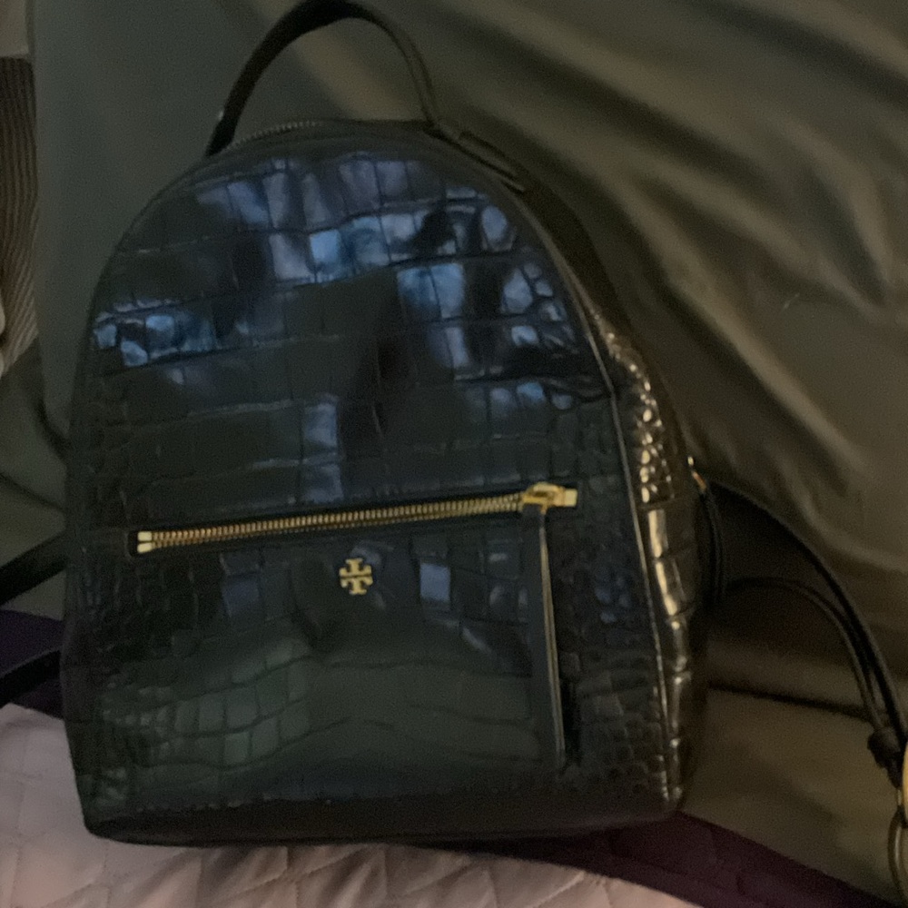 Tory Burch Black Croc-Embossed Backpack with Gold Accents